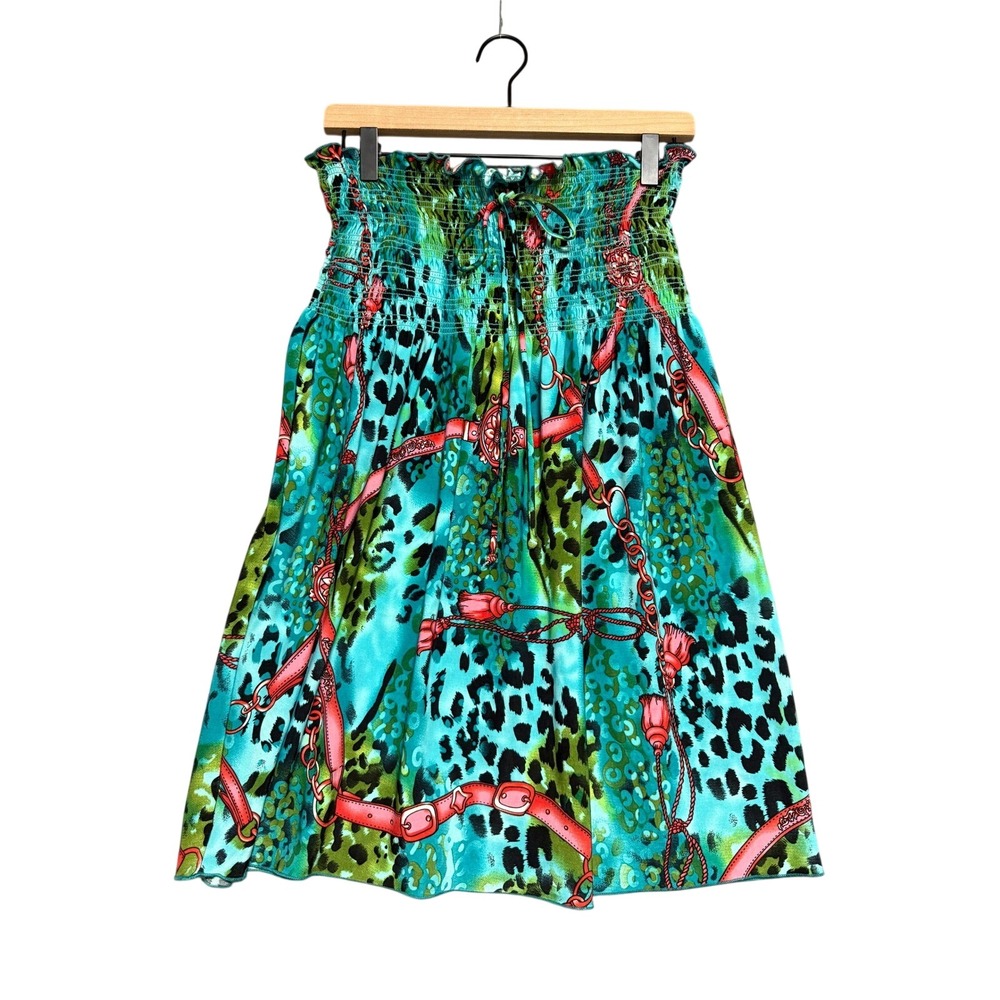 Jordan Taylor Skirt Womens Small Teal Animal Print Smocked Ruffle Resortwear Y2K